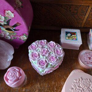 Vintage Heart Shaped Pink Rose Trinket Ring Box Romantic Fairycore Cottage